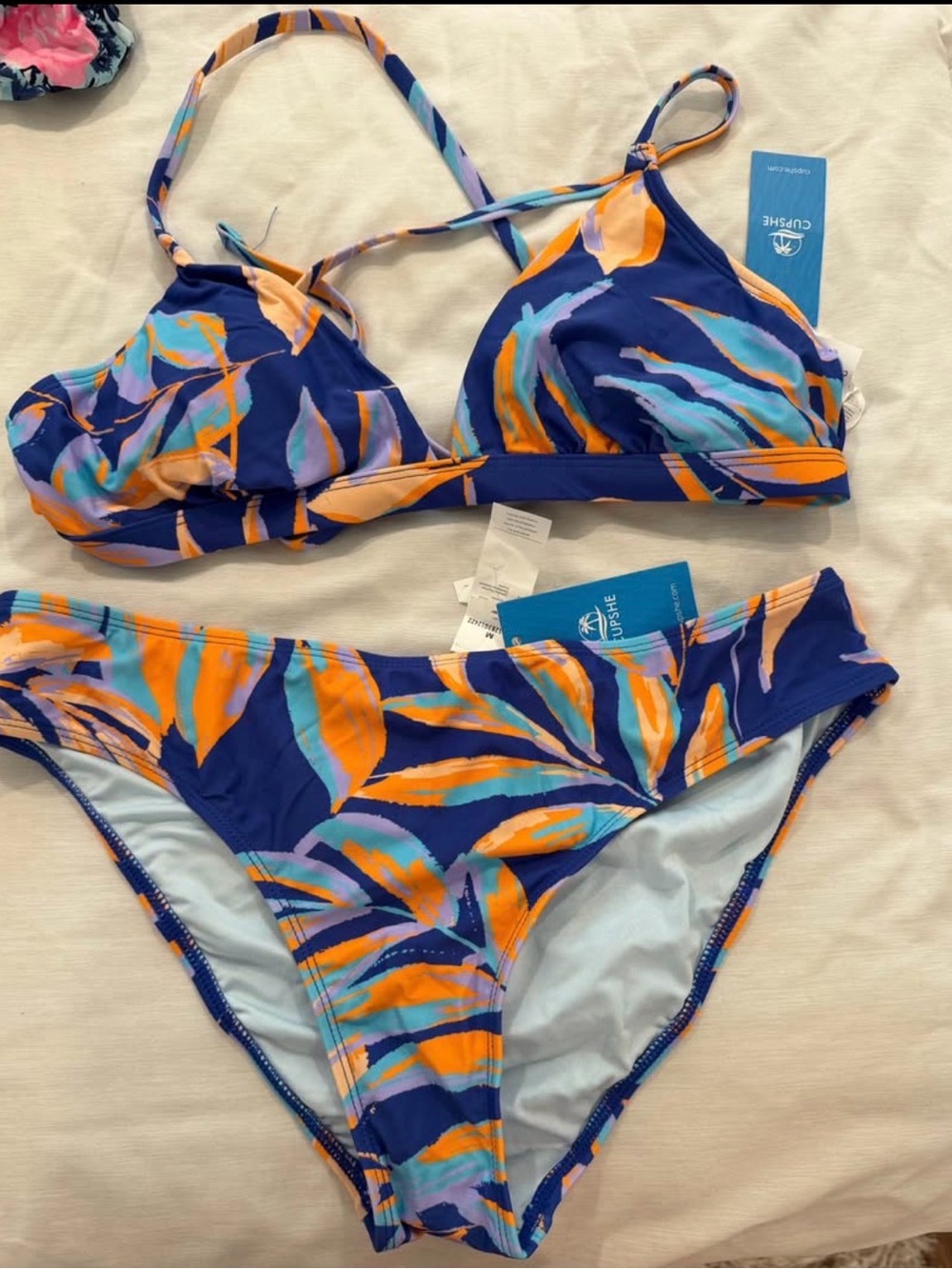 Cupshe Navy Bikini Set with Orange & Aqua Leaf Print